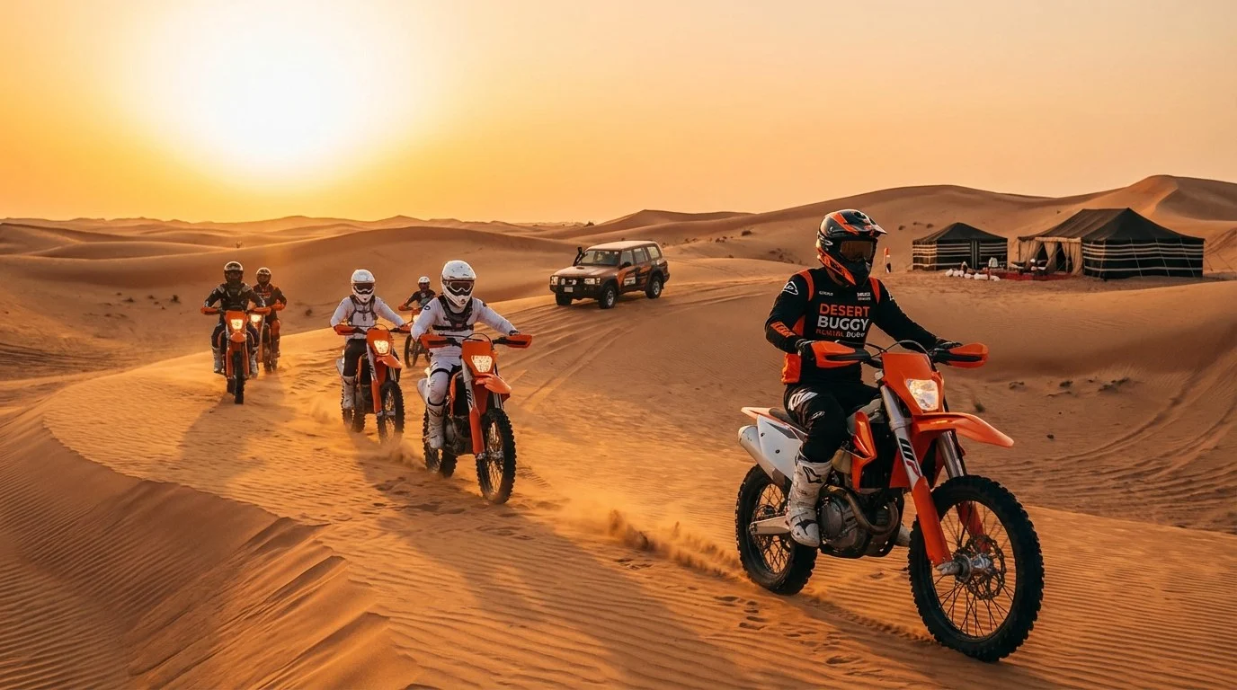 Beginner riders learning to control KTM dirt bikes on a structured practice loop in the Dubai desert with an instructor