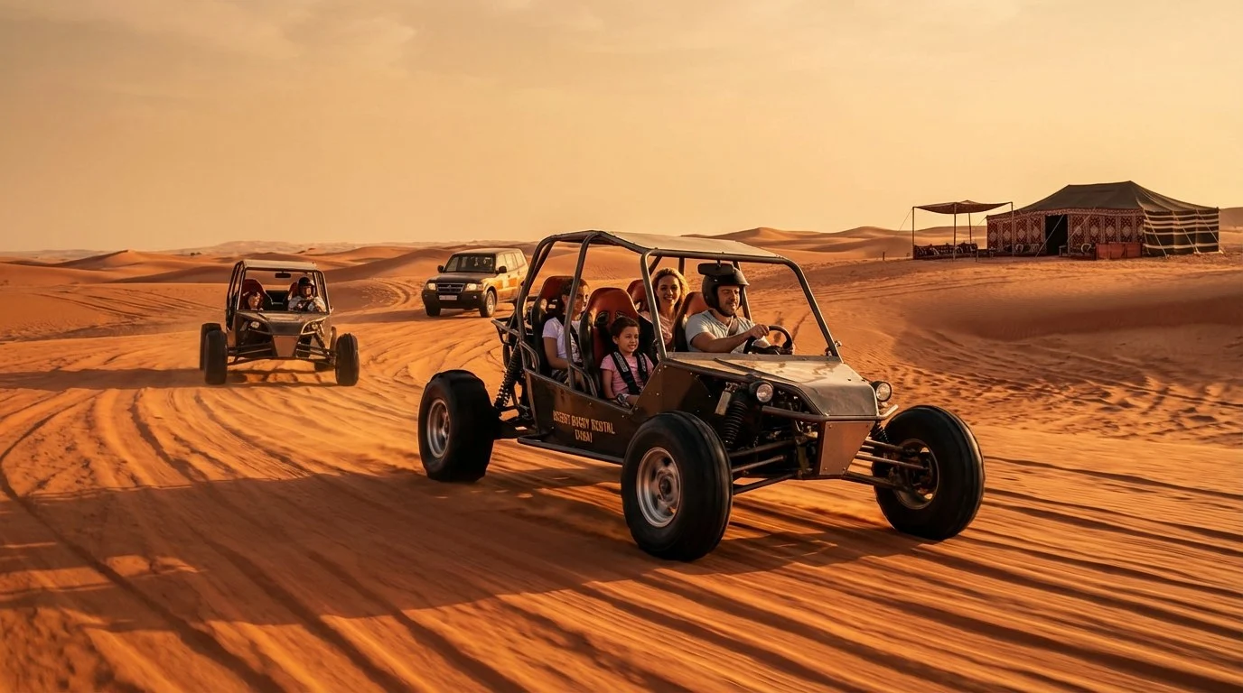 Tourists driving dune buggies across the vibrant red Lahbab dunes in Dubai during a self-drive desert adventure