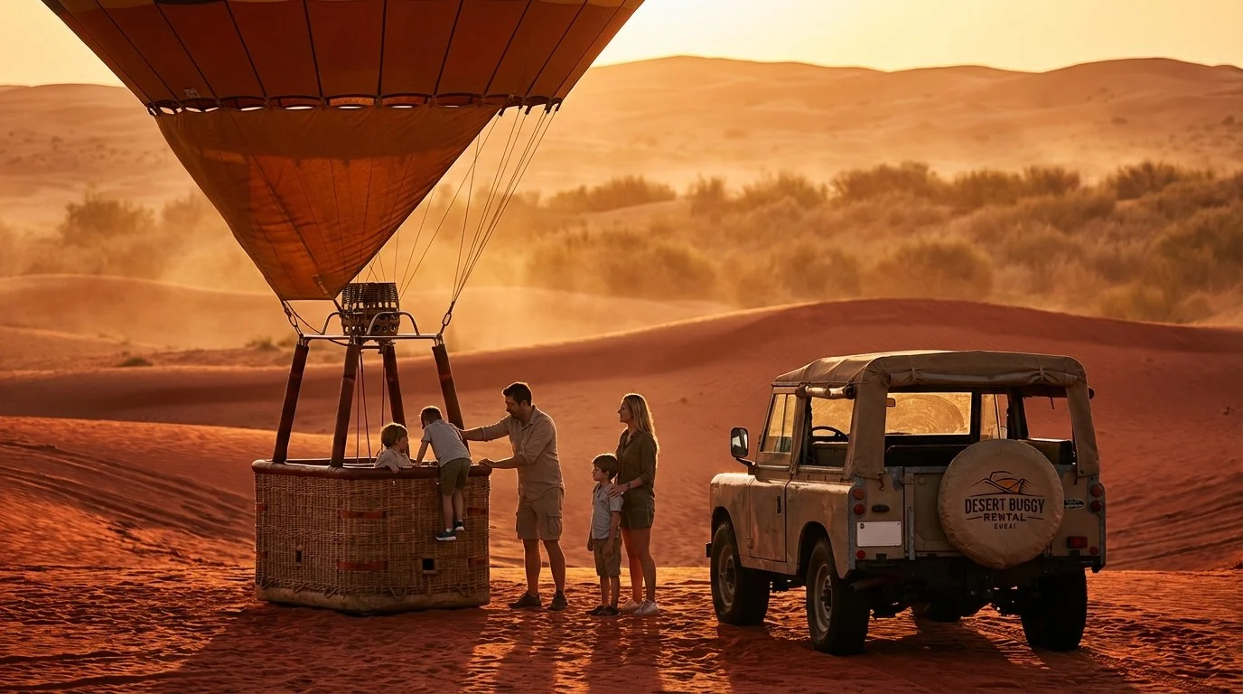 A vibrant hot air balloon soaring over the red dunes of Dubai's desert at sunrise, with other balloons in the distance and a chase vehicle on the