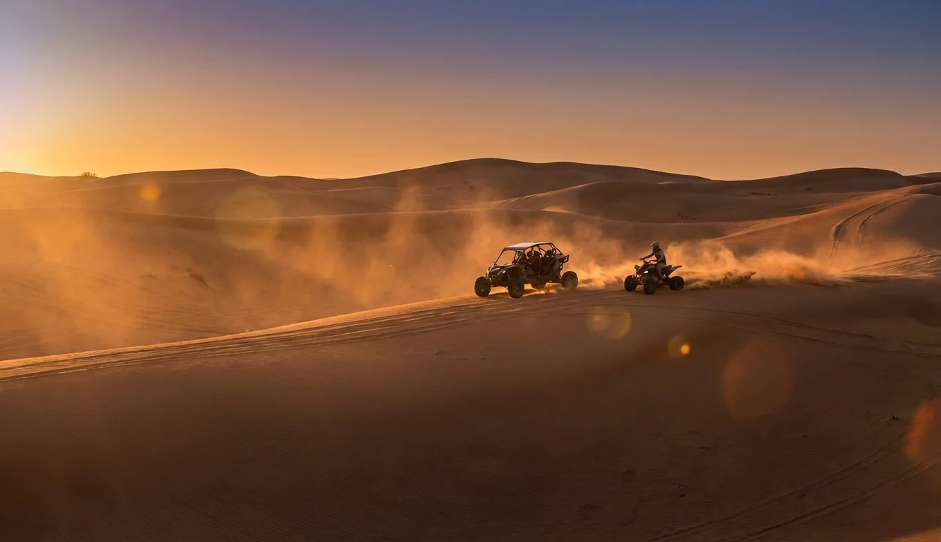 Tourists riding dune buggies and quad bikes across the red dunes of Lahbab desert in Sharjah, UAE at sunset