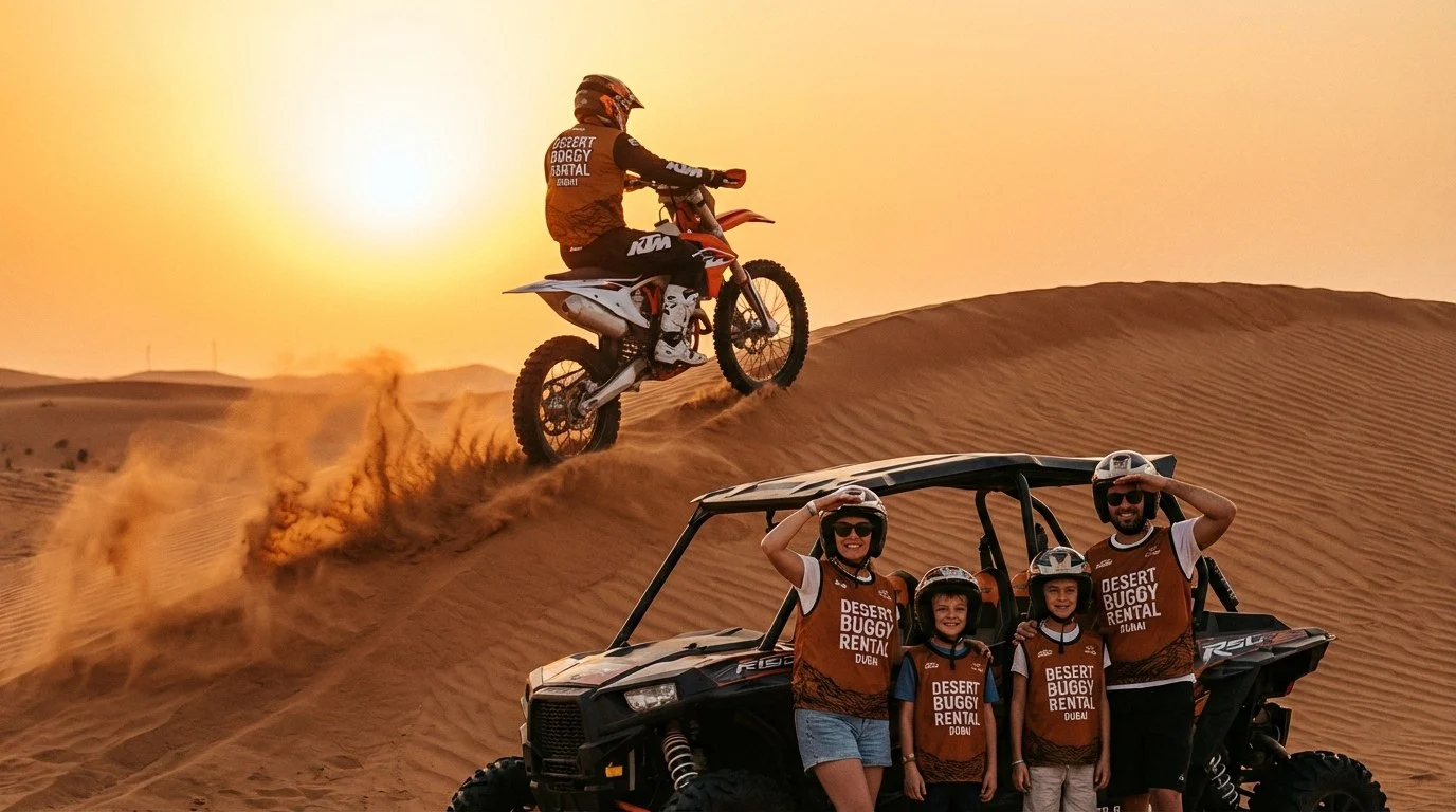 Families riding KTM dirt bikes and dune buggies across the red dunes of Al Marmoom desert in Dubai at sunset