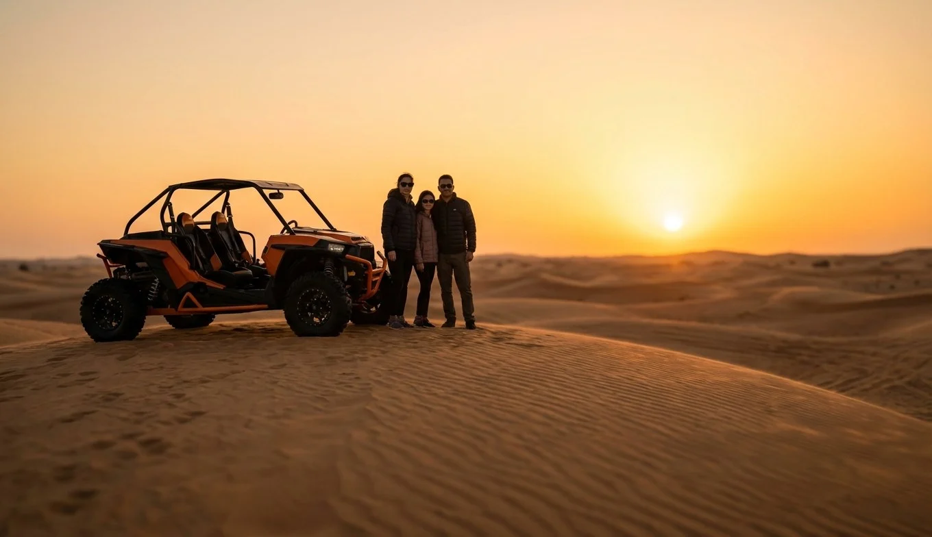 Families riding dune buggies through the red dunes of Lahbab desert in Abu Dhabi during a VIP luxury desert experience at sunset