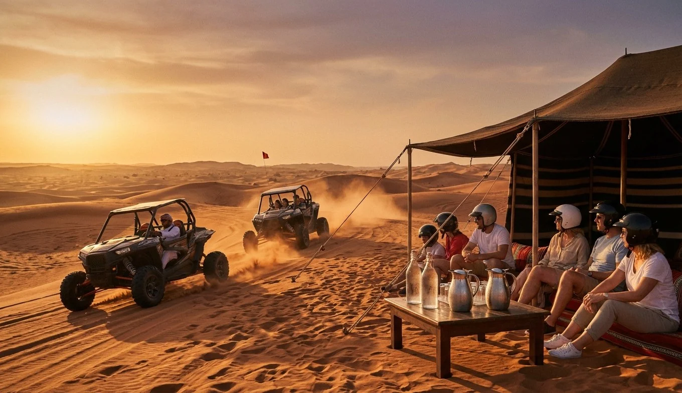 Tourists driving dune buggies in a convoy across the red Lahbab desert dunes in Dubai, with a guide leading the way.