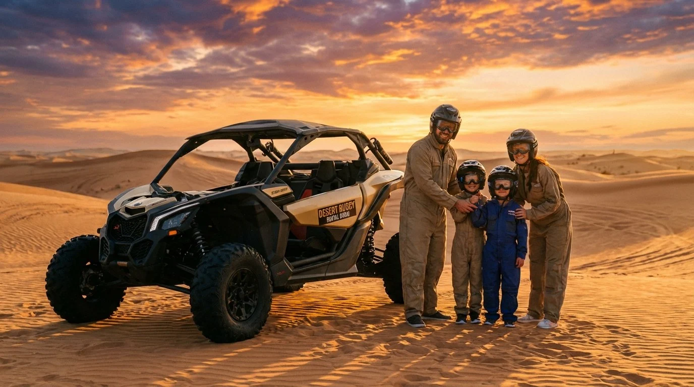 Tourists riding dune buggies across red Dubai dunes at sunset, with one buggy leading a small convoy through the desert landscape