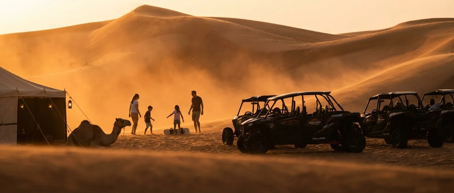 Family enjoying a desert evening safari in Sharjah with a stunning sunset backdrop and dunes