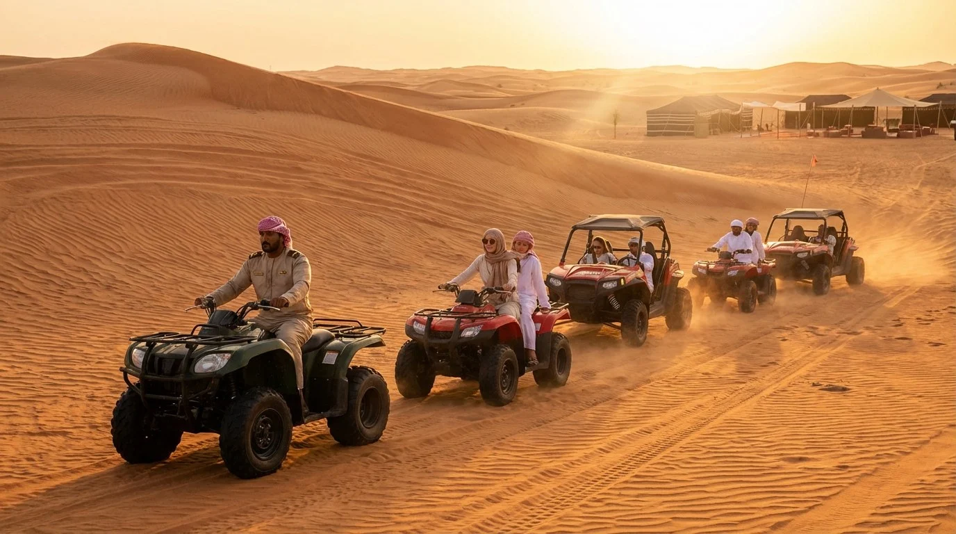 Tourists riding quad bikes across the gentle dunes of Al Marmoom desert in Abu Dhabi during a family-friendly tour
