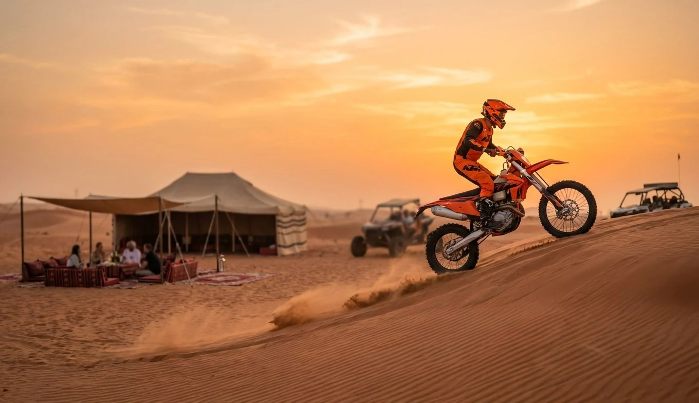 Tourists riding KTM dirt bikes across the red Lahbab dunes in Dubai with a guide leading the way