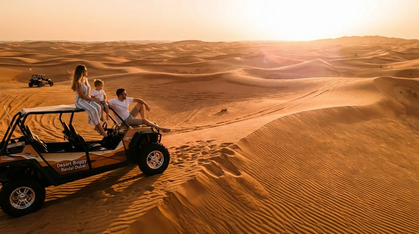 Tourists riding dune buggies across red Dubai dunes at sunset, avoiding common booking errors for a smooth experience
