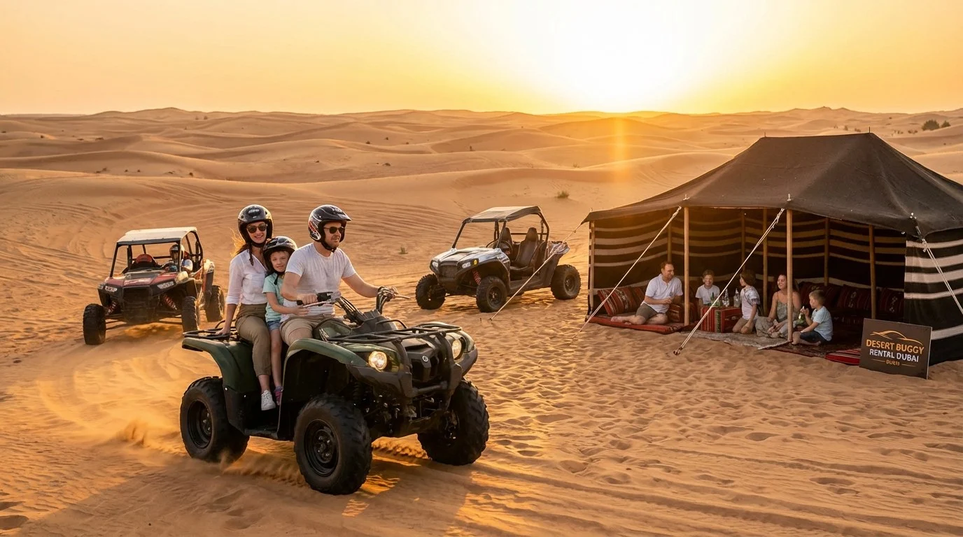 Family with children riding quad bikes and dune buggies across the red Lahbab desert dunes at sunset in Dubai
