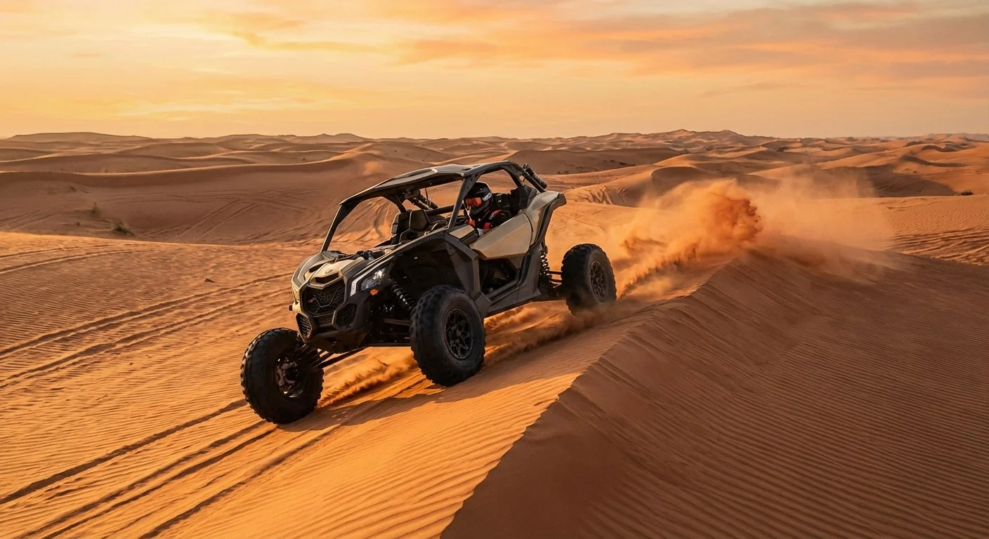 Tourists riding dune buggies across the red sands of Ras Al Khaimah desert with mountains in the background at sunset