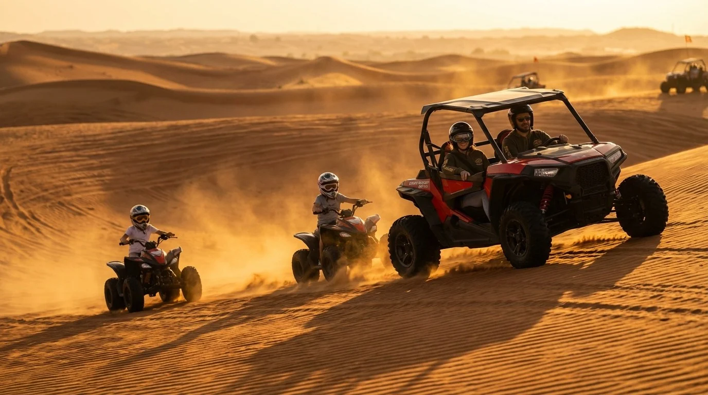 Tourists riding quad bikes across the red dunes of Sharjah desert, with families enjoying the adventure at sunset