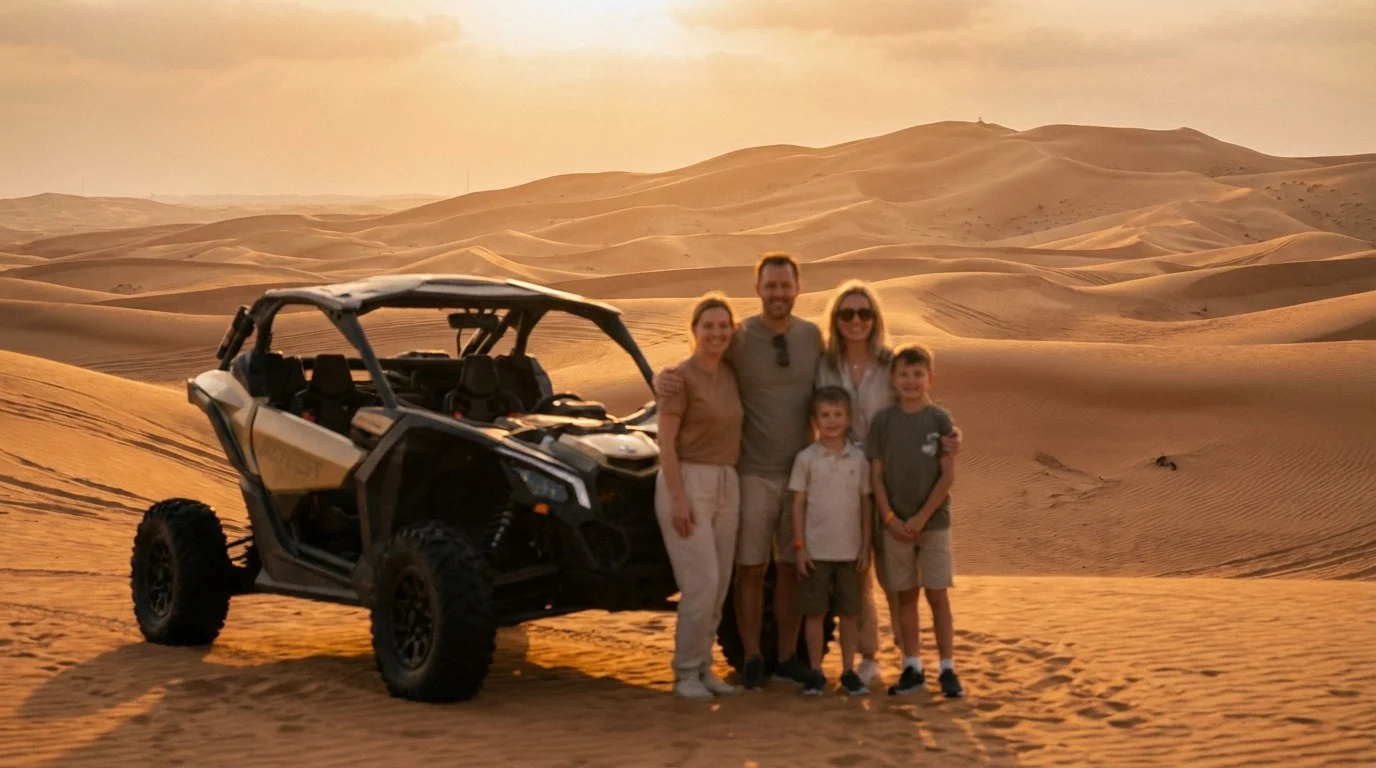 Tourists enjoying a morning desert safari in Abu Dhabi, with dune buggies and quad bikes visible in the background