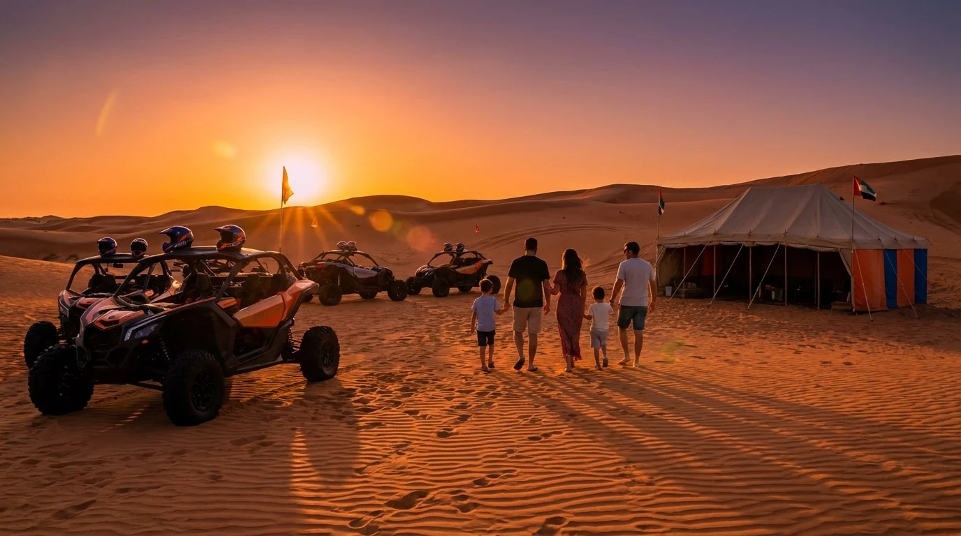 Tourists enjoying a Desert BBQ and entertainment at an Evening Desert Safari camp in Dubai, with golden hour light