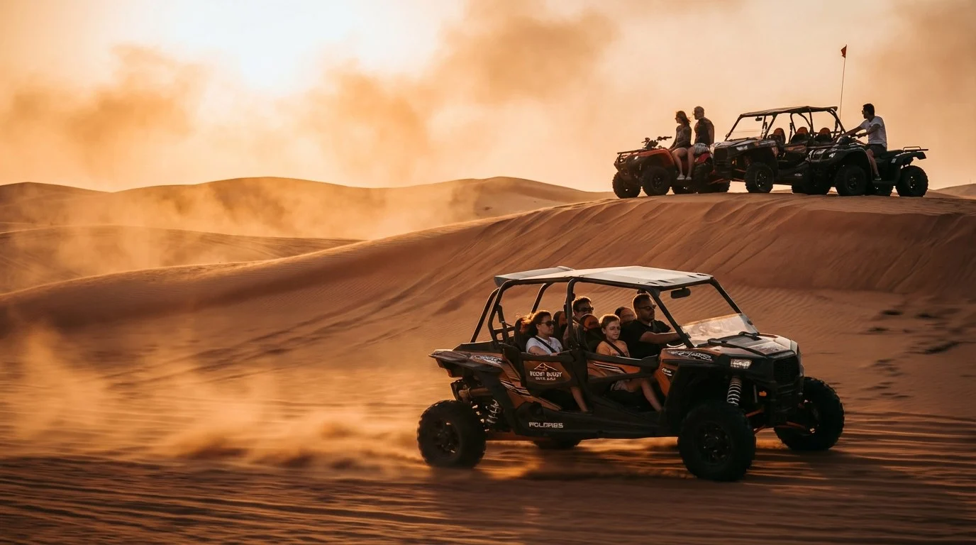 Tourists riding quad bikes across the dramatic red dunes of Lahbab desert in Dubai at golden hour, with a clear sky