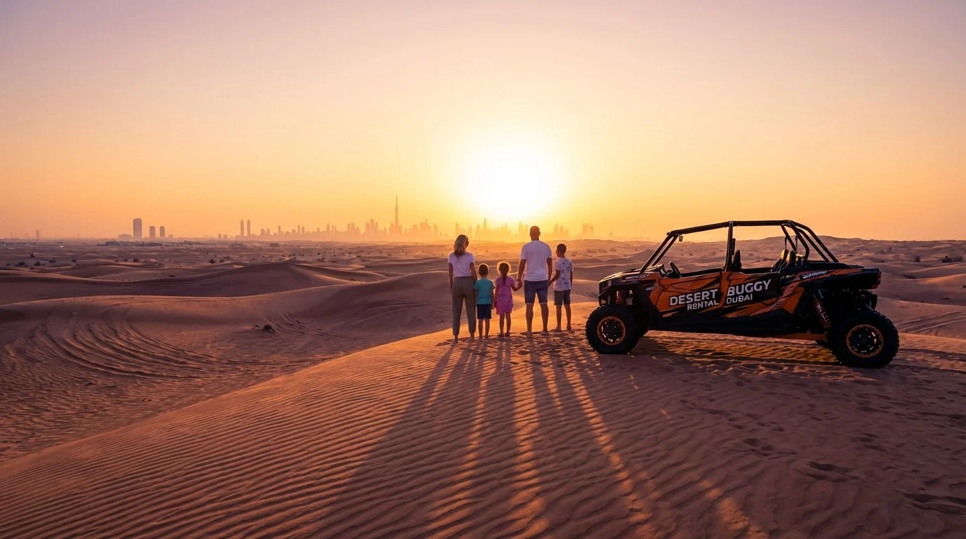 Families riding dune buggies across the red Lahbab desert dunes at sunset, enjoying a thrilling and cost-effective desert adventure.