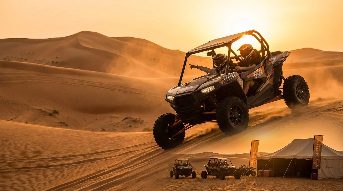 Tourists riding dune buggies across red Dubai dunes at sunset, experiencing an emotional and sensory adventure.