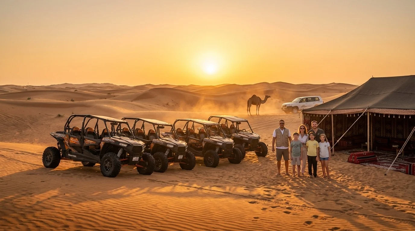 Families enjoying an Evening Desert Safari in Dubai, with dune buggies and camels visible against a golden sunset