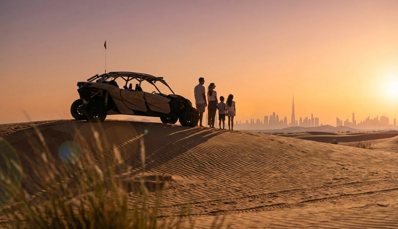 Tourists riding dune buggies across red Dubai dunes at sunset, illustrating a desert safari experience.
