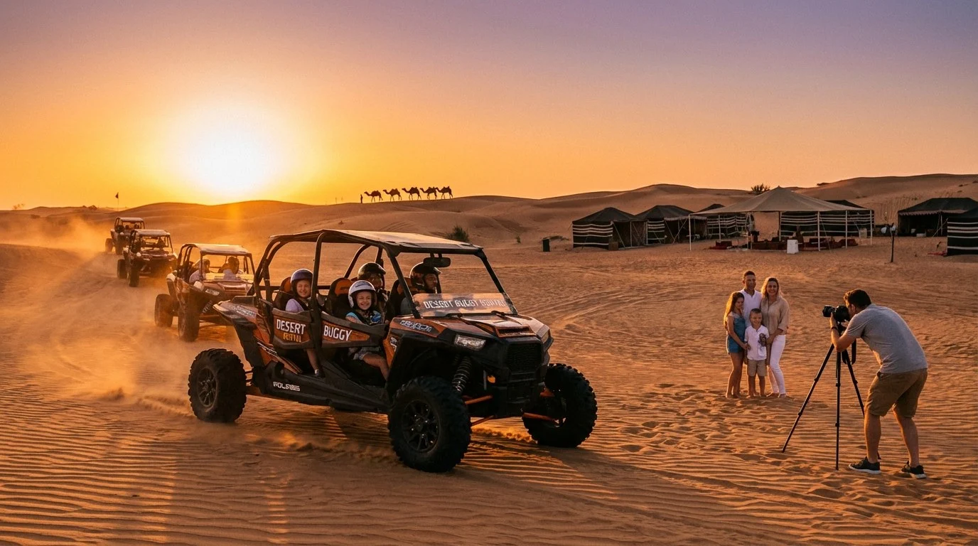 Family with two children riding in a dune buggy across the red Lahbab desert dunes in Sharjah during a morning desert tour