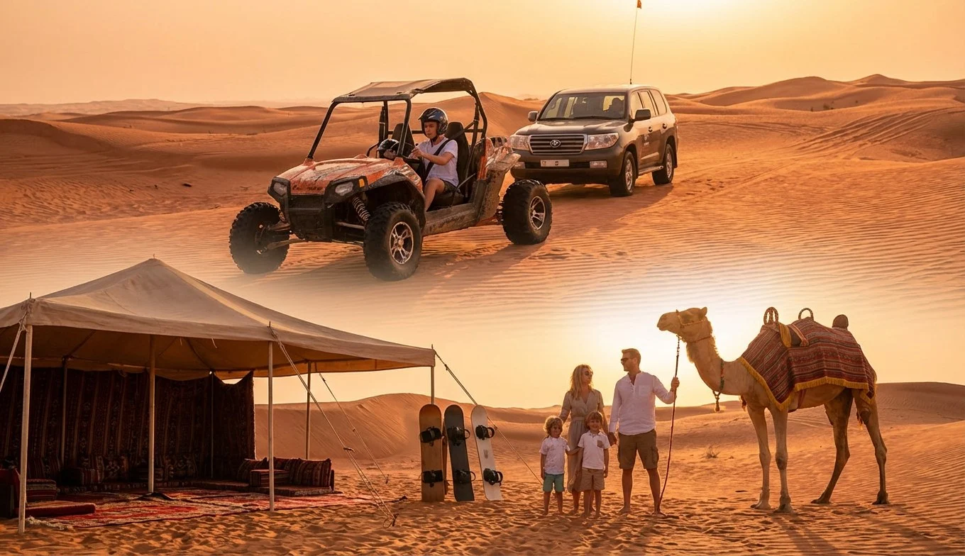Families enjoying a desert safari in Ras Al Khaimah with children on a camel ride and sandboarding, highlighting safety gear and scenic views