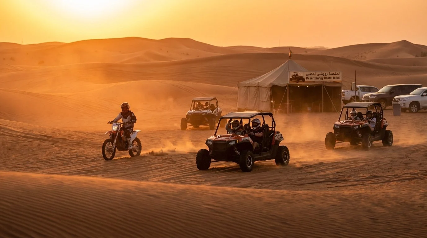 Tourists riding dirt bikes across red Dubai dunes at sunset, enjoying the cooler October weather and firmer sand for better traction.