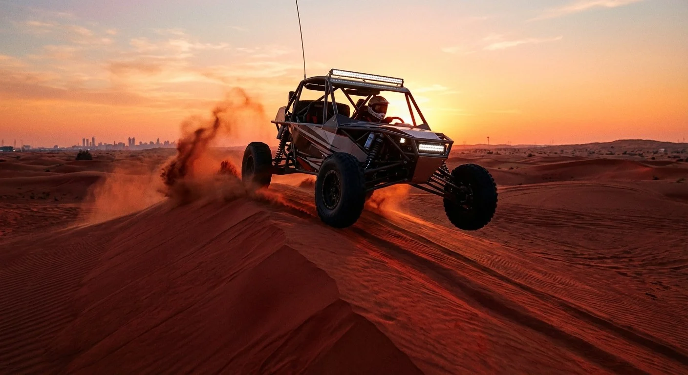 Tourists riding dune buggies across red Dubai dunes at sunset with professional guides ensuring safety and luxury