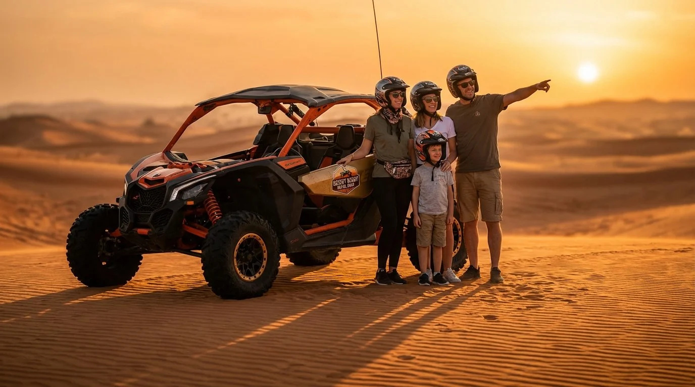 Tourists riding dirt bikes across the red dunes of Dubai's Lahbab desert at sunset, wearing helmets and protective gear