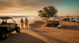 Couple enjoying a private morning desert safari in Sharjah, with soft golden light illuminating the serene dunes