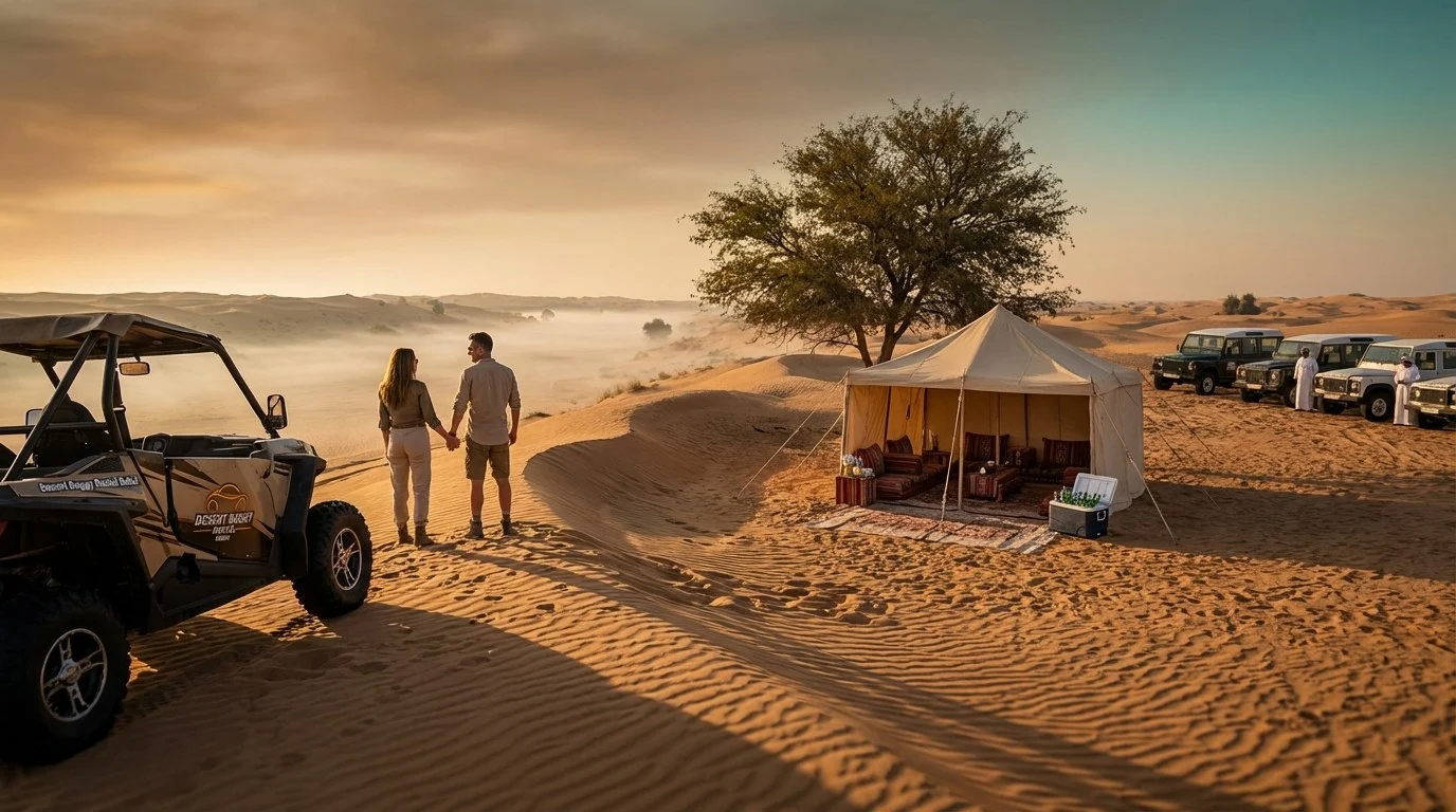 Couple enjoying a private morning desert safari in Sharjah, with soft golden light illuminating the serene dunes