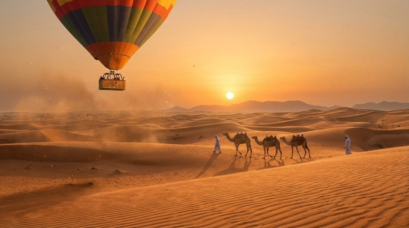 Hot air balloon basket with tourists floating over the red Lahbab dunes of Dubai at sunrise, with other balloons in the distance