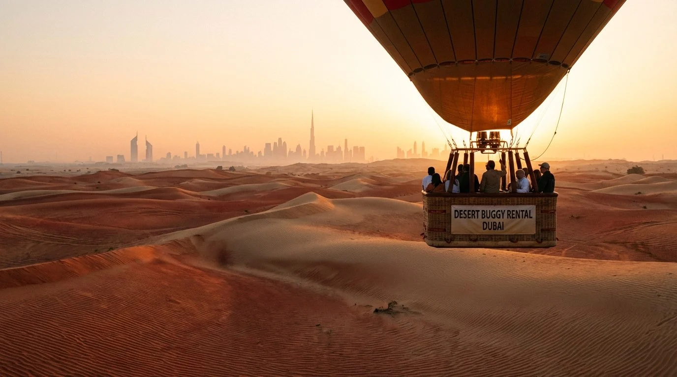 Hot air balloons with tourists floating over the vast, golden desert dunes of Dubai at sunrise, with the distant city skyline visible