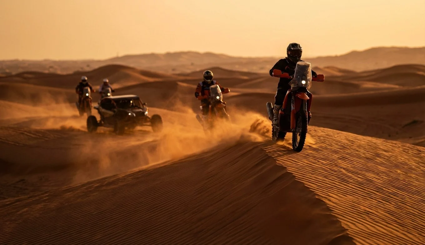 Tourists riding KTM dirt bikes across the red Lahbab dunes in Dubai, kicking up sand at high speed under a clear sky