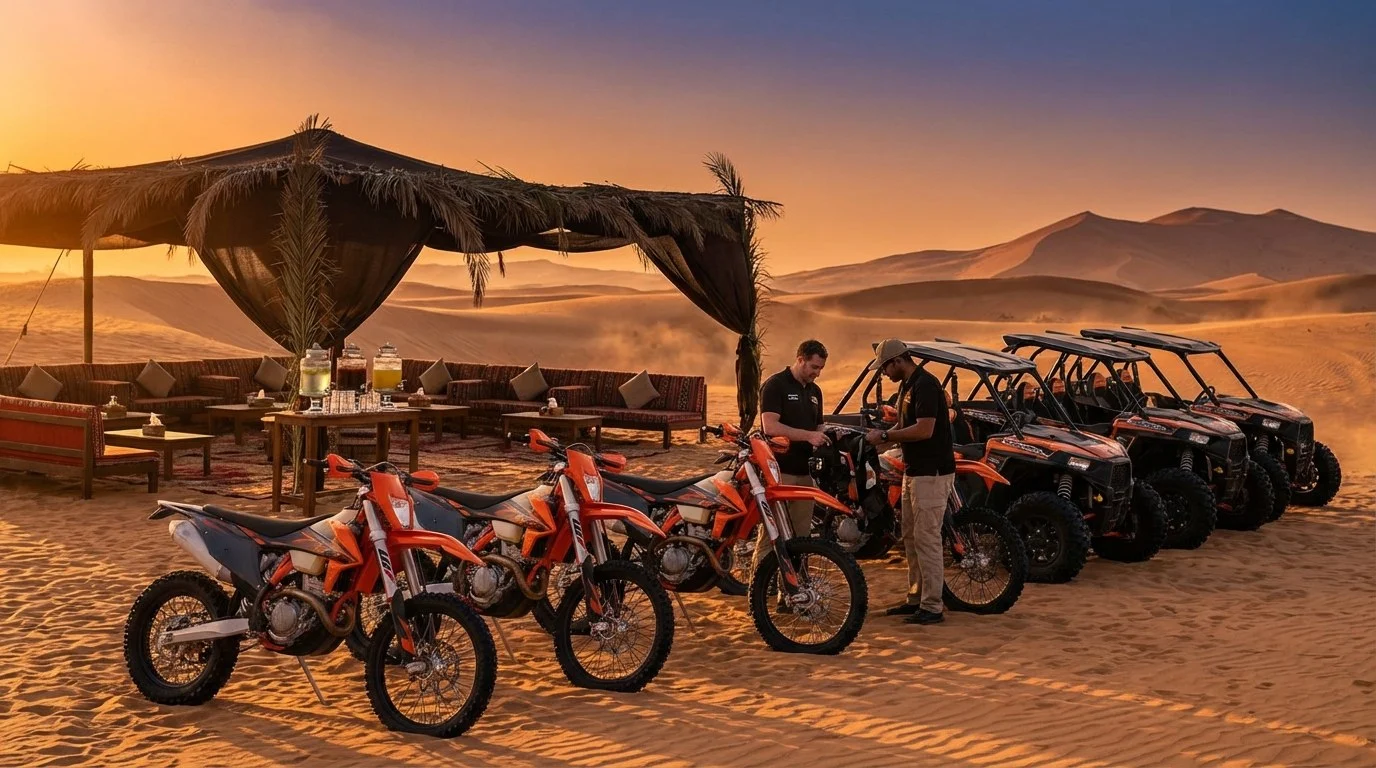 KTM dirt bikes lined up in the Dubai desert at sunset, ready for riders to begin their adventure after safety briefings and vehicle checks