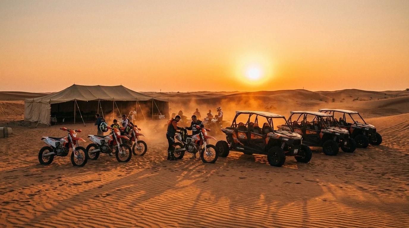 Tourists riding KTM dirt bikes across the red Lahbab dunes in Dubai at sunset, with a guide leading the way.
