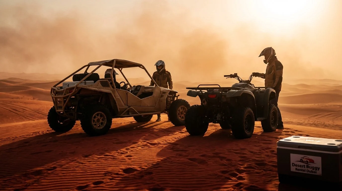 Tourists riding dune buggies and quad bikes across the red Lahbab dunes in Dubai at sunset, with a guide in the foreground