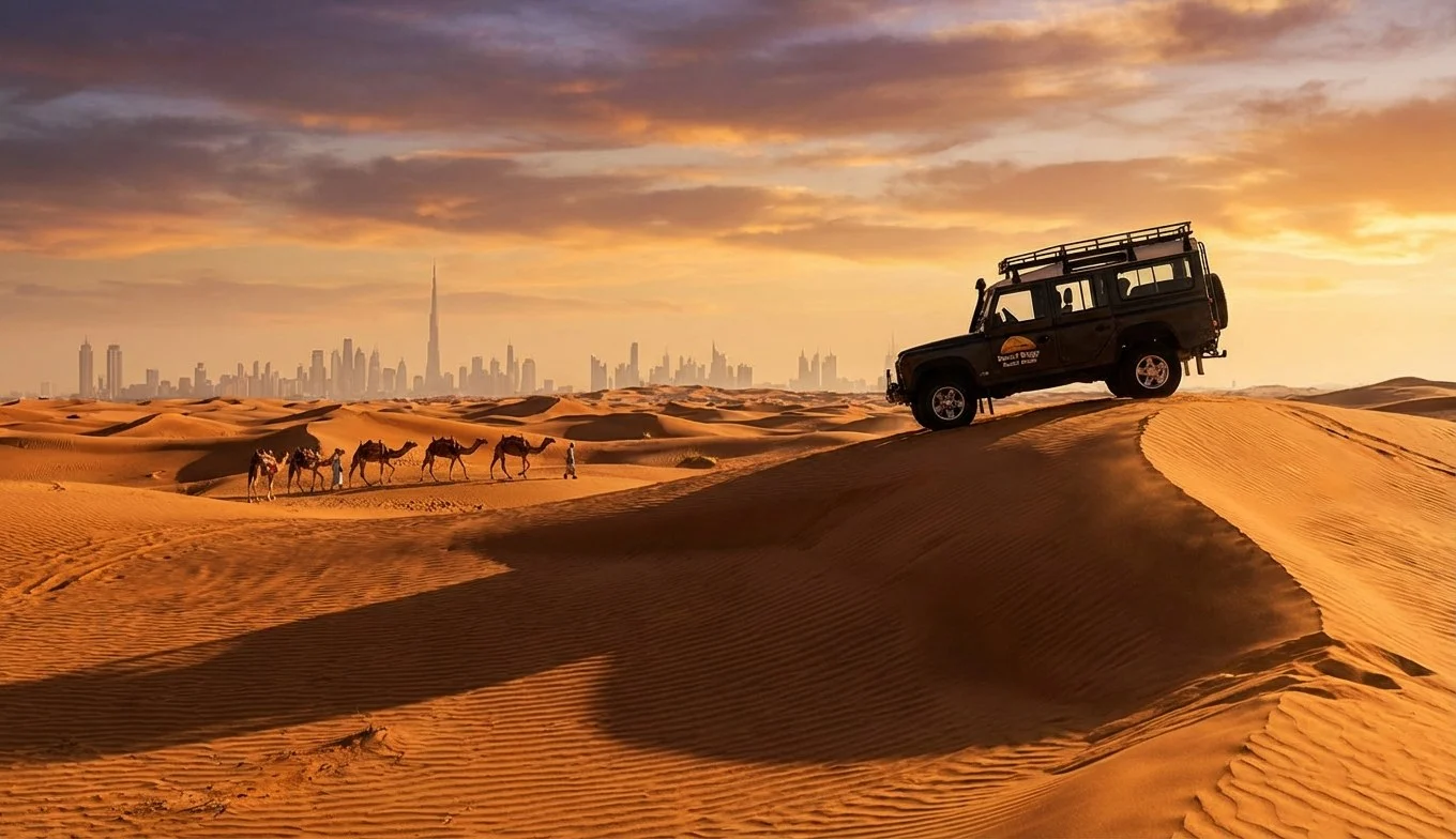 Tourists enjoying a desert safari in Dubai with a 4x4 vehicle driving over red dunes at sunset