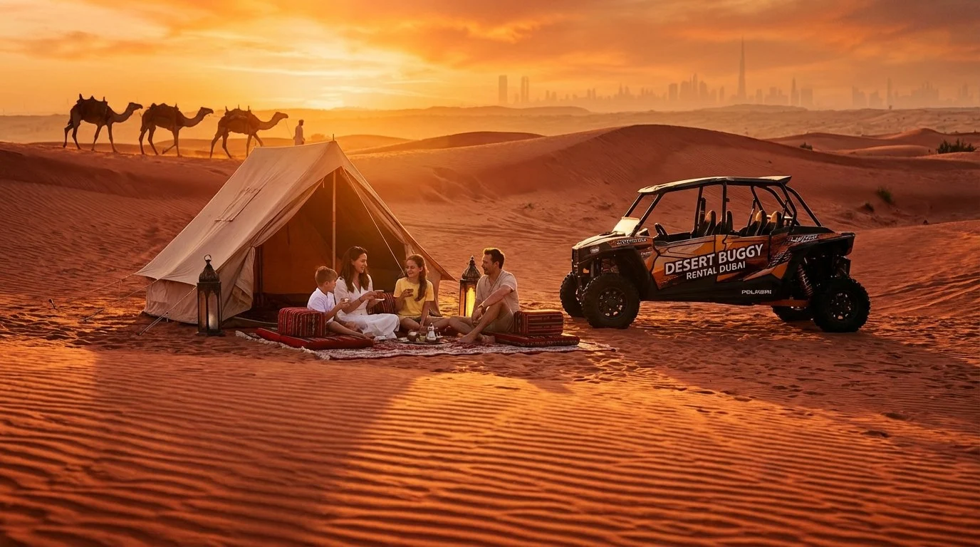 Families enjoying an evening desert safari in Sharjah, with children riding a camel and others watching a sunset over the dunes