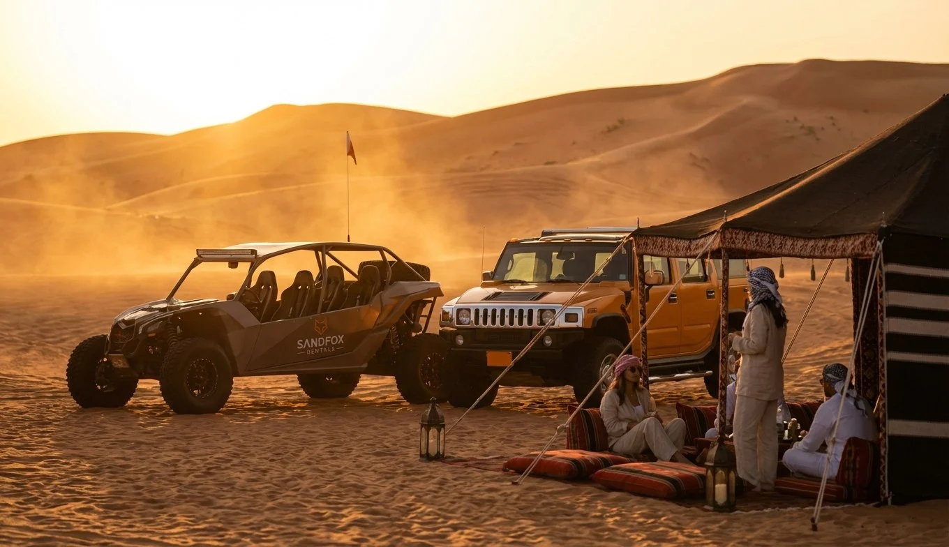 Tourists riding dune buggies across red Dubai dunes at sunset with a guide leading the way