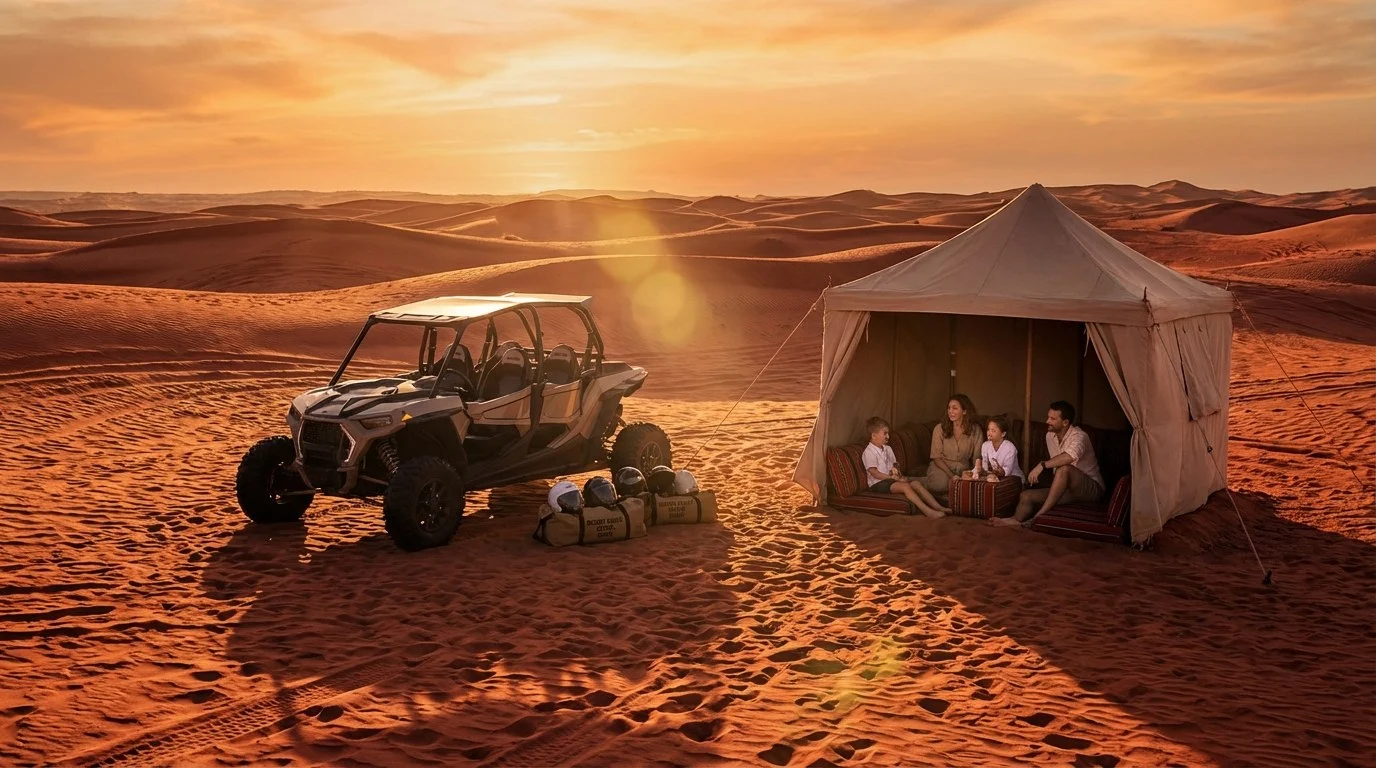 Tourists riding dune buggies across red Dubai dunes at sunset in Lahbab Desert, enjoying a desert safari experience