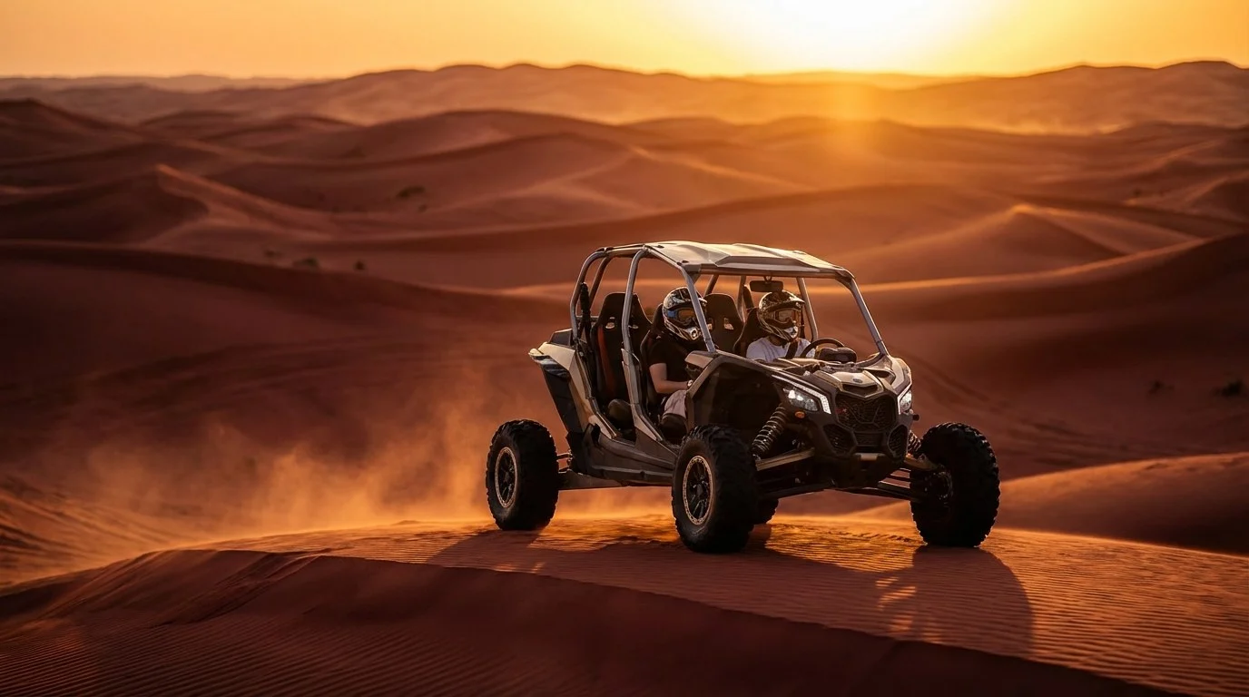 Tourists riding dune buggies across the red dunes of Sharjah at sunset, with a lead guide in the foreground and other buggies following behind