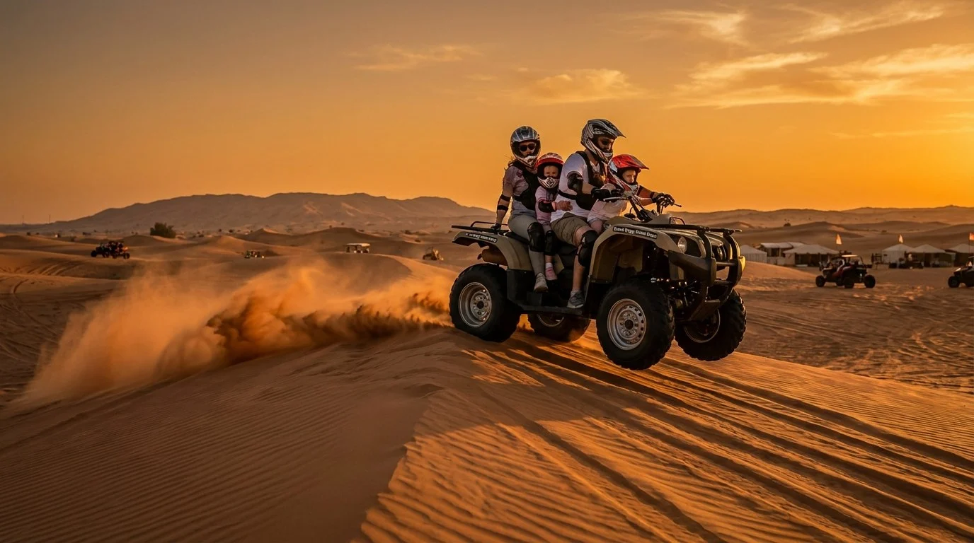 Tourists riding quad bikes across the gentle dunes of Abu Dhabi desert at sunset, with a support vehicle nearby