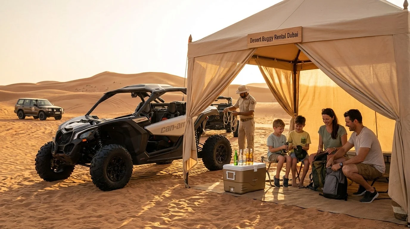 A line of dune buggies with drivers and passengers parked on a red sand dune at sunrise, with a vast desert landscape in the background, showing the