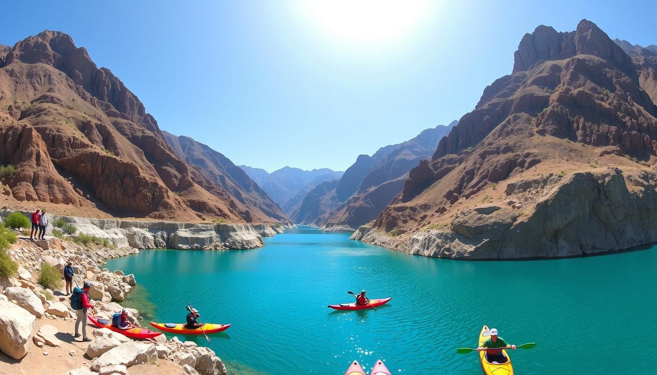 Tourists enjoying a scenic kayak ride on the calm turquoise waters of Hatta Dam, surrounded by rugged mountains and clear skies