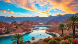 Turquoise Hatta reservoir winding between mountains with palm trees and flowers, a highlight of a Hatta tour from Dubai