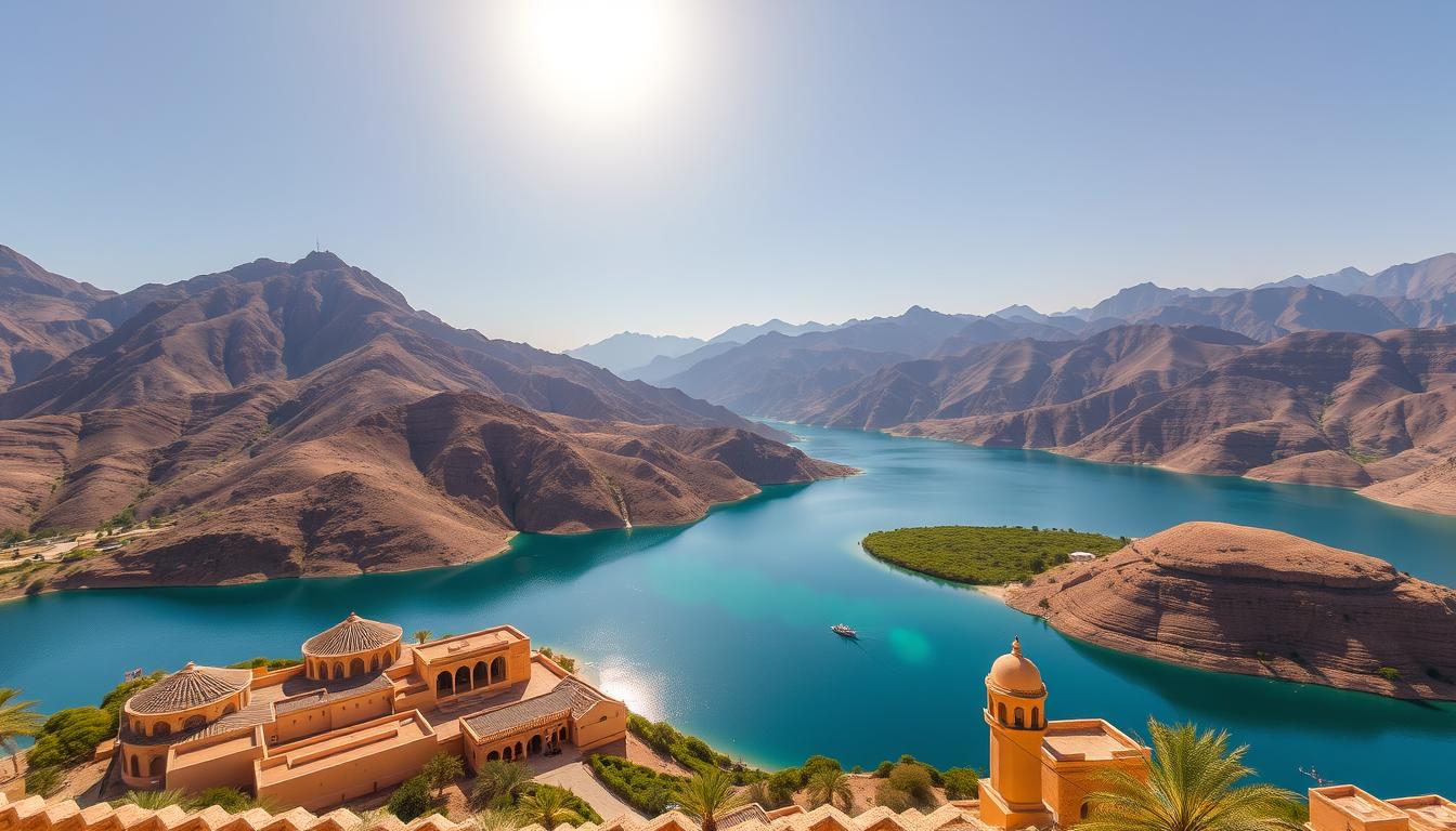 Tourists exploring the rugged mountain terrain and historical sites of Hatta, Dubai, on an adventure tour
