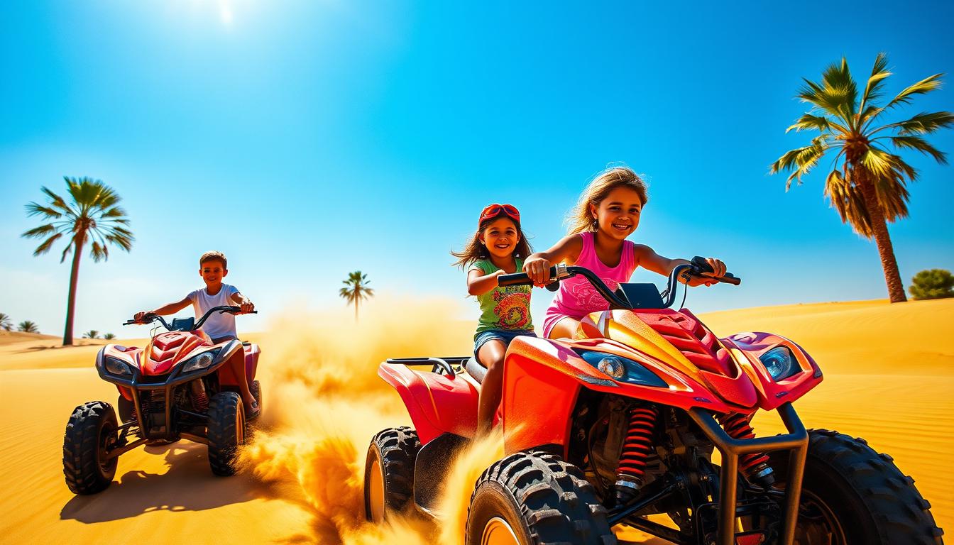 Children wearing helmets and protective gear riding quad bikes across the desert dunes in Dubai with an instructor nearby