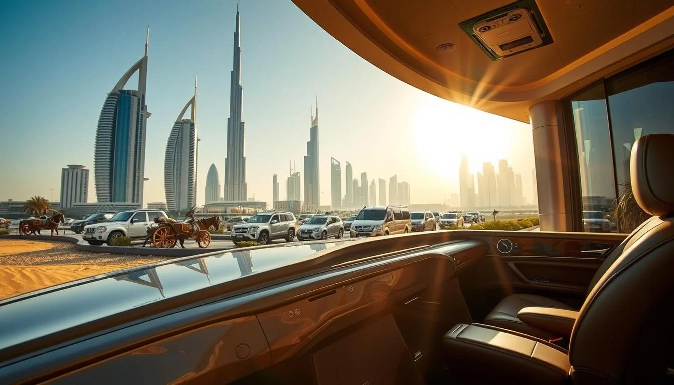Luxury car, possibly a Ferrari or Rolls-Royce, driving through Dubai with its iconic skyline in the background at sunset
