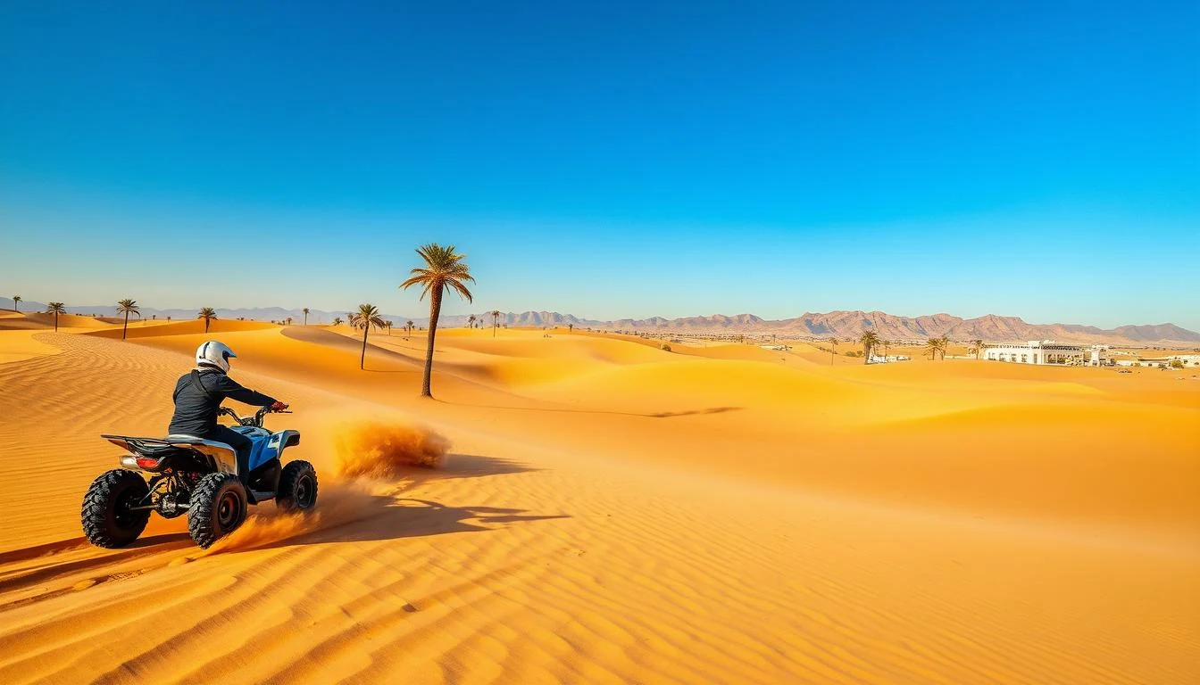 Tourists riding quad bikes across golden Dubai desert sands at sunset, enjoying a private quad biking adventure
