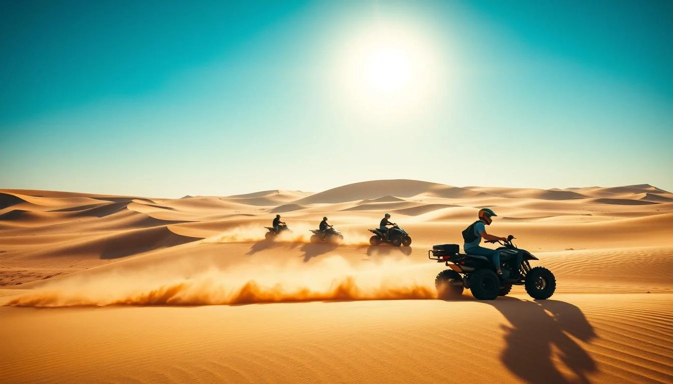 Tourists riding quad bikes across the vast, golden dunes of the Dubai desert under a clear blue sky