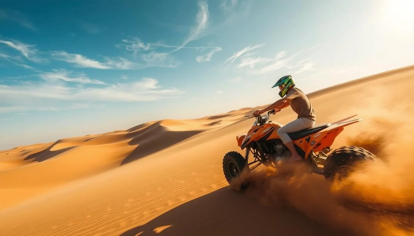 Tourists on quad bikes riding through the vast golden dunes of the Dubai desert under a clear sky